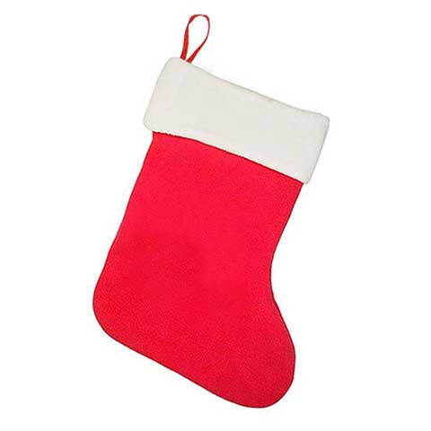 A red fleece holiday stocking with a white rolled-over section at the top.